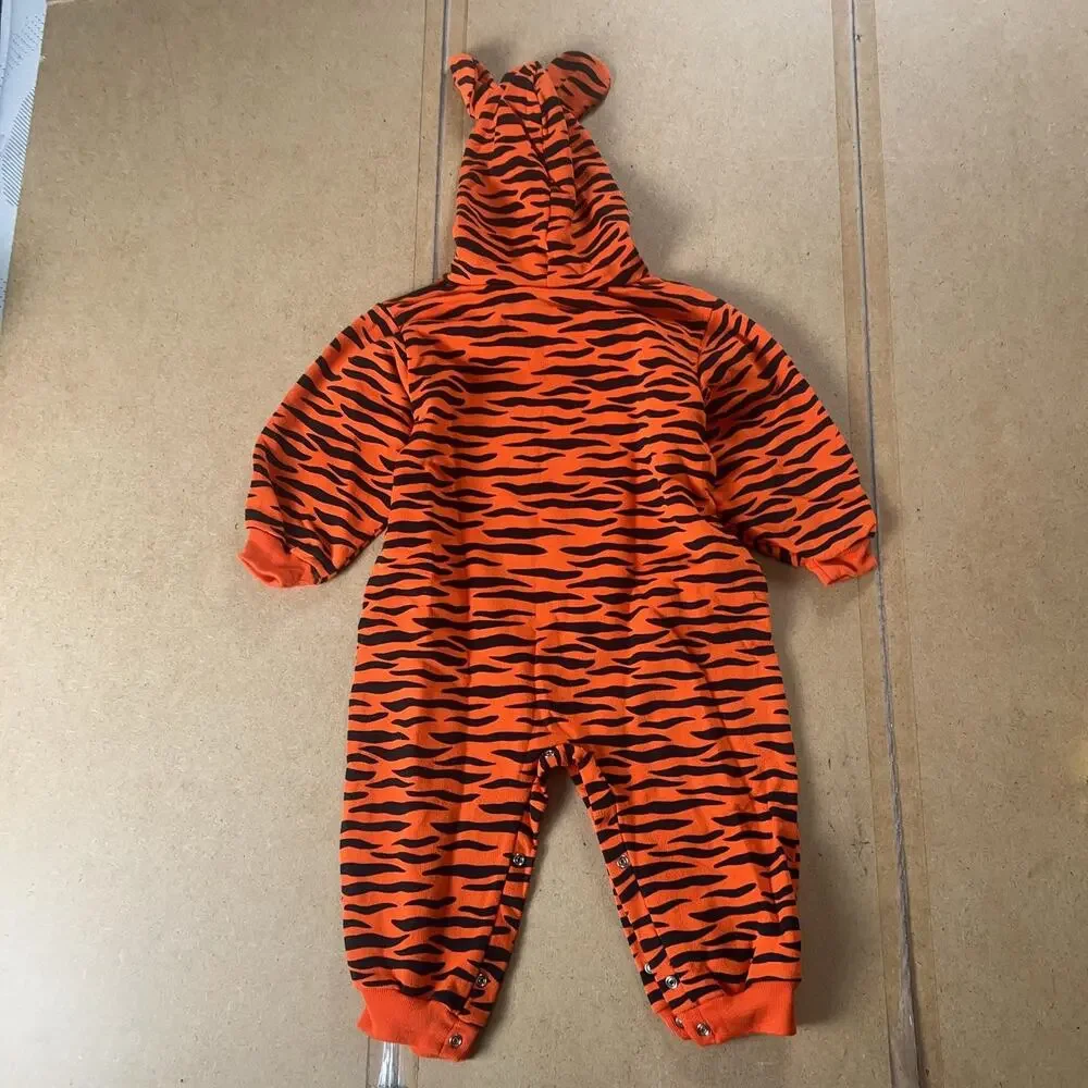 Vintage Snowsuit Pooh Boys M Orange Hooded Fleece Animal Print Tigger Snap Front